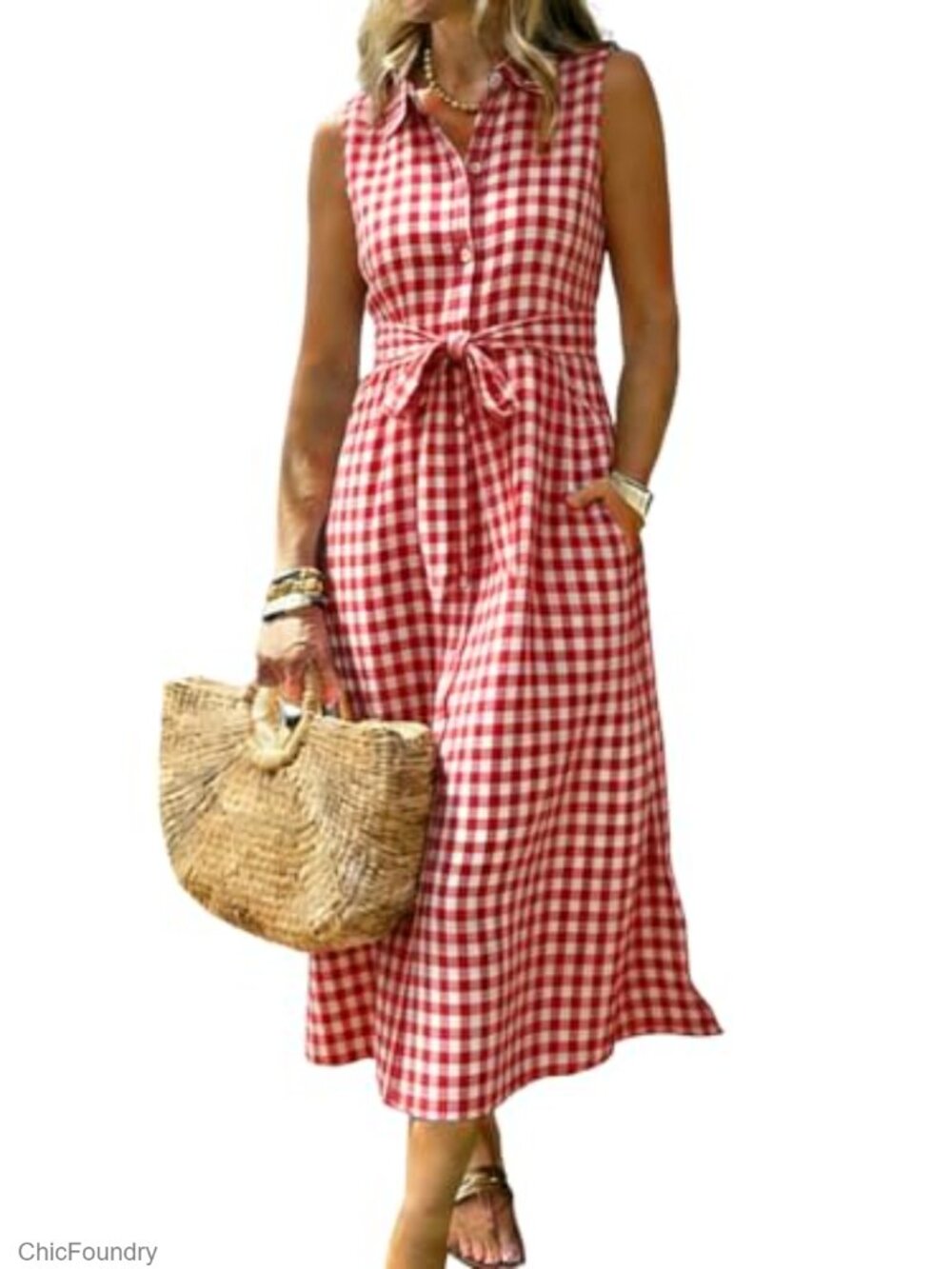 Womens Plaid Button Down Shirt Dress Tie Waist Sleeveless Midi with Pockets